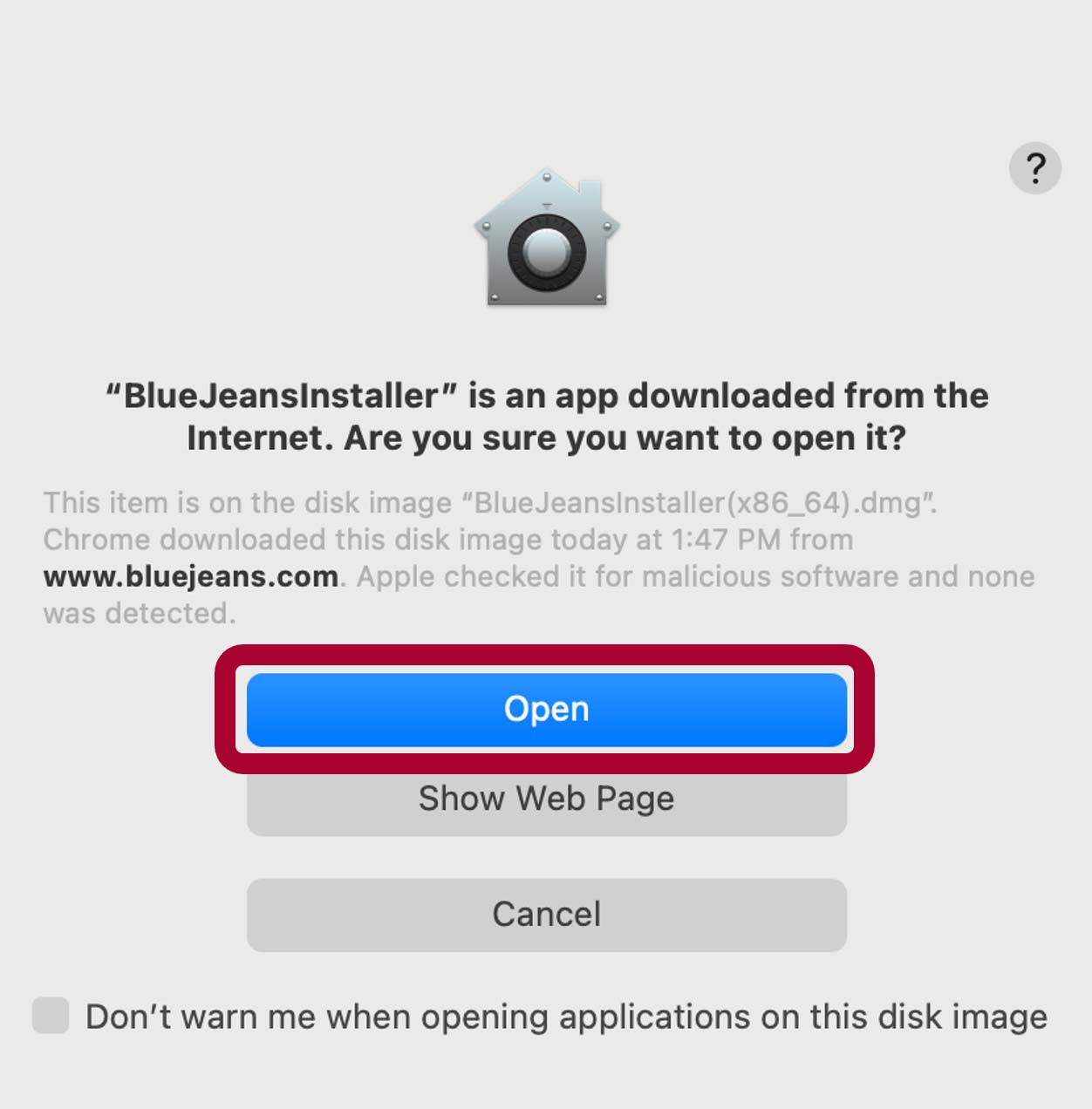 screenshot of installer security window with the open button highlighted